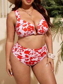 SHEIN Swim 2026新款加大码女式可调节印花比基尼套装，抹胸上衣和高腰褶皱泳裤两件式泳装 - 彩色 - 查看 3