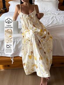DAZY Vacation Style Abstract Graffiti Print Lace Trim Spaghetti Strap Long Women Nightgown - Apricot - View 3
