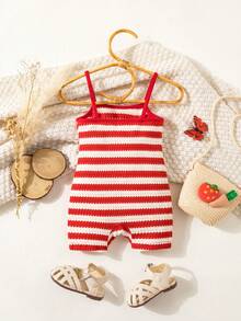 SHEIN Babygirl Summer Cute Striped Knit Camisole Romper - Orange - View 2