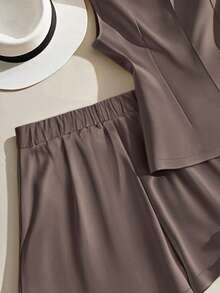 Franclia 夏季优雅通勤纯色背心短裤两件套 - 咖啡棕 - 查看 3