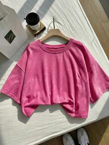 Comfortcana Plus Size Fuchsia Washed Snow Flower Cotton Short Sleeve T-Shirt, Spring - Hot Pink - View 5