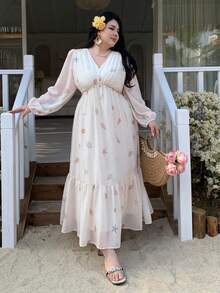Plus Vestido de mujer de talla grande con estampado de dibujos animados, volantes en la cintura, estilo de vacaciones, vestido largo de verano/primavera, vestido bohemio - Albaricoque - Ver 5