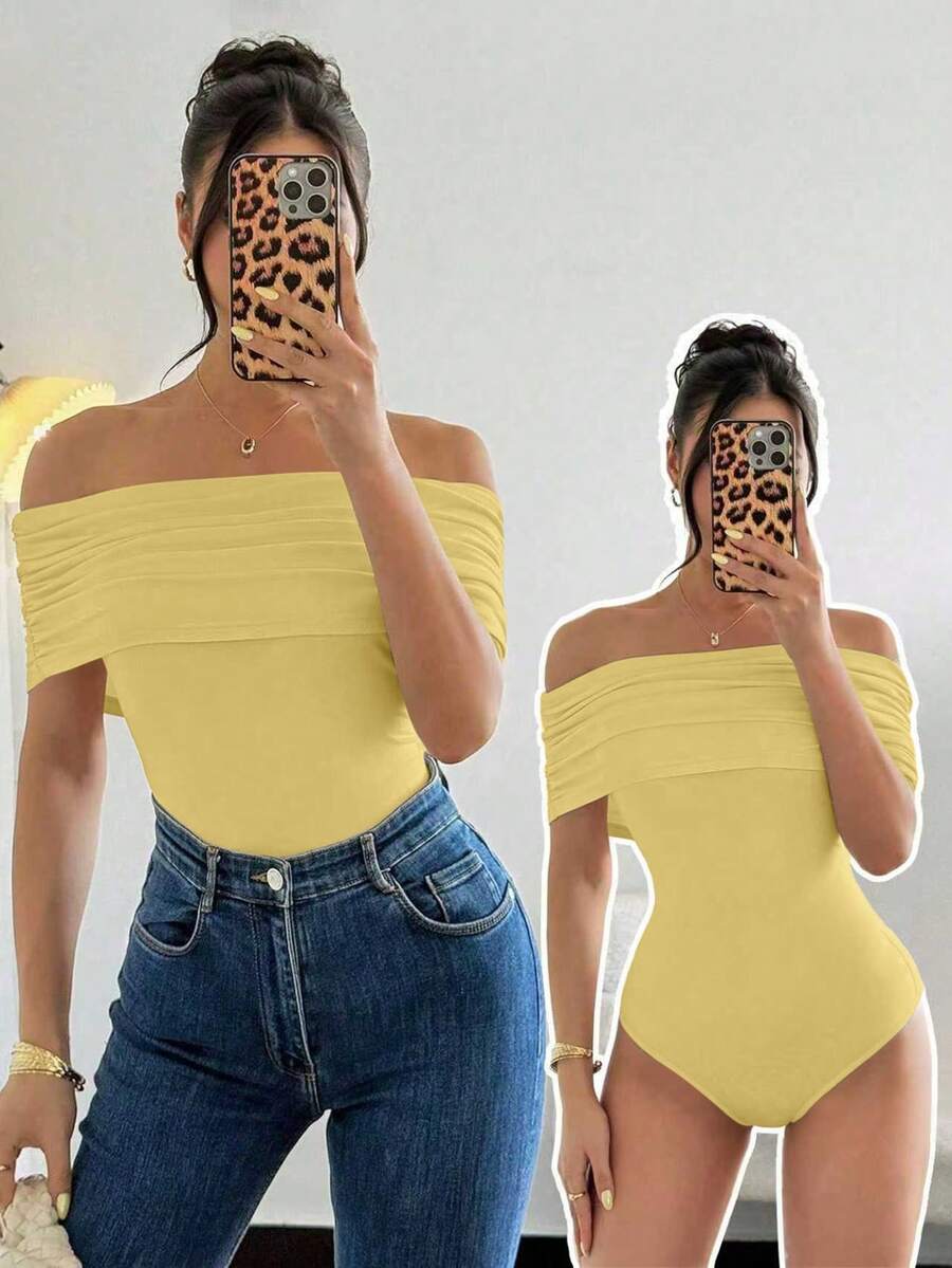 Rafferiza Women's Elegant Off Shoulder Ruched Hem Bodysuit,Slim Fit Pale Yellow,Summer,Seksi Chic,Night Out Cute Tops - Light Yellow - View 1