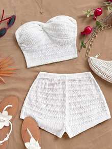 Soleia Women's Summer Vacation Solid Color Textured Twist Front Bandeau Top And Shorts 2 Pieces Set  No Chest Padding - White - View 6