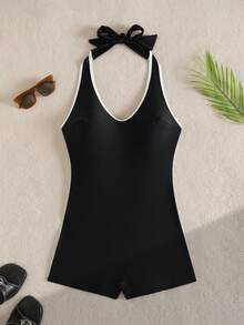 Swim SPRTY Áo tắm liền thân màu đen dành cho nữ, kiểu dáng thể thao năng động, cổ yếm, viền trắng, đa năng cho bãi biển, lướt sóng, mùa xuân/hè. - màu đen - Xem 3