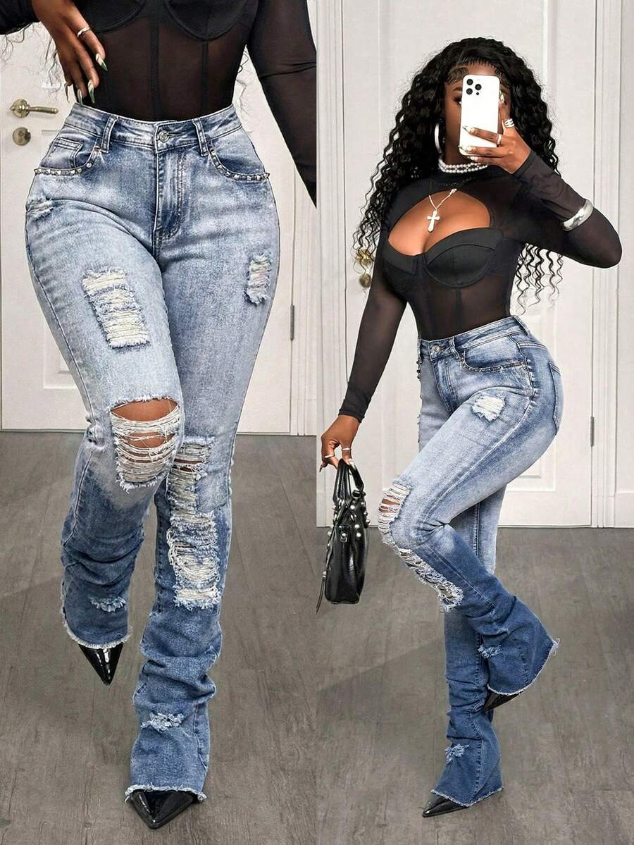 BamGleam Quần jeans nữ dáng ôm cạp thấp thời trang, phối màu ombre, đính đinh tán. - Rửa tối - Xem 1