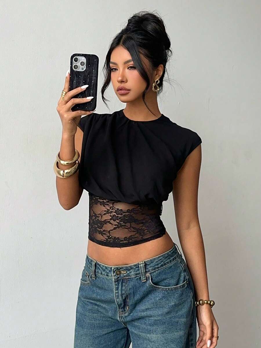 Aloruh 女士优雅性感浪漫时尚蕾丝网纱拼接无袖扭结露脐上衣，适合外出、音乐节、派对、春夏穿着