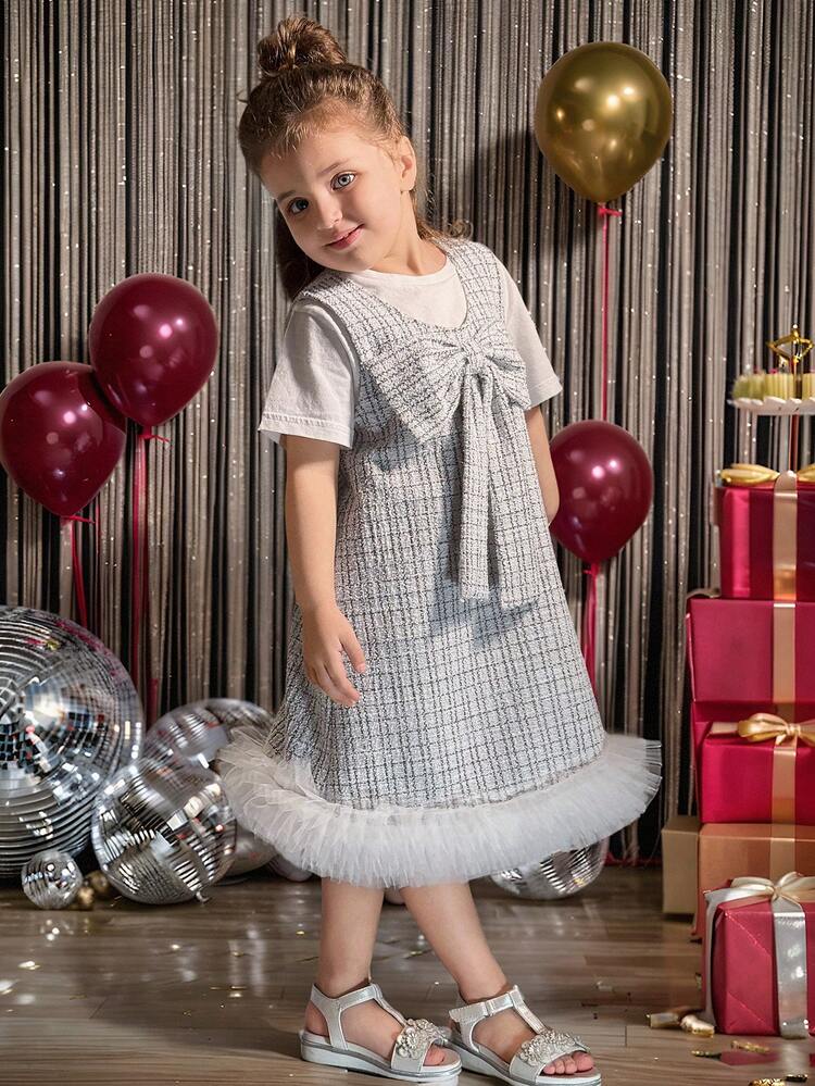 Young Girls Round Neck Sleeveless Bow Decor Dress Vacation