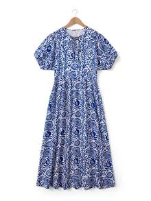 Breezaya Vestido largo de manga corta con cuello redondo, estampado floral, lazo delantero y abertura, vestido de línea A para primavera/verano; Vestido largo casual con lazo en el cuello, manga de tulipán y línea A para 2026; Vestido de vacaciones de verano; Vestido de primavera para mujer; Vestido de playa; Vestido de cumpleaños; Vestido de salida para mujer; Vestido casual elegante para viajes/vacaciones; Vestidos casuales para mujer; Vestidos azules para mujer; Vestido de graduación; Vestidos de verano para mujer, conjunto de Santorini - Azul y blanco - Ver 4