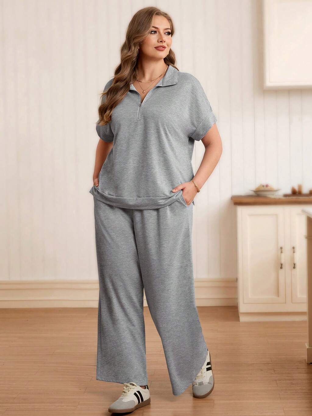 Conjunto de camiseta de manga corta con media cremallera y pantalones de pierna ancha de unicolor simple para uso diario y casual para mujer talla grande, primavera/verano/otoño