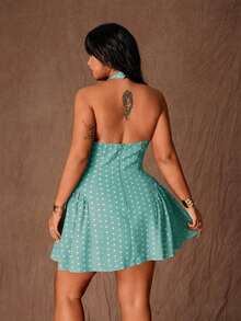 Rustia Plus Size Women's Polka Dot Halter Tie Sexy A-Line Mini Dress - Cadet Blue - View 2