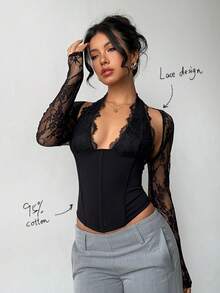 Aloruh 95%纯棉女士黑色浪漫优雅性感蕾丝拼接镂空紧身长袖衬衫 – 适合约会、派对、郊游、正式活动、鸡尾酒会、度假、婚礼、周年纪念、伴娘、婚礼宾客、新娘送礼会、仙女风、海滨度假、西部节日等场合 - 彩色 - 查看 1