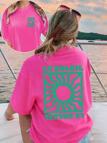 SHEIN LUNE Plus Size Graphic Print Casual Loose Fit Round Neck Short Sleeve T-Shirt - Hot Pink - View 1