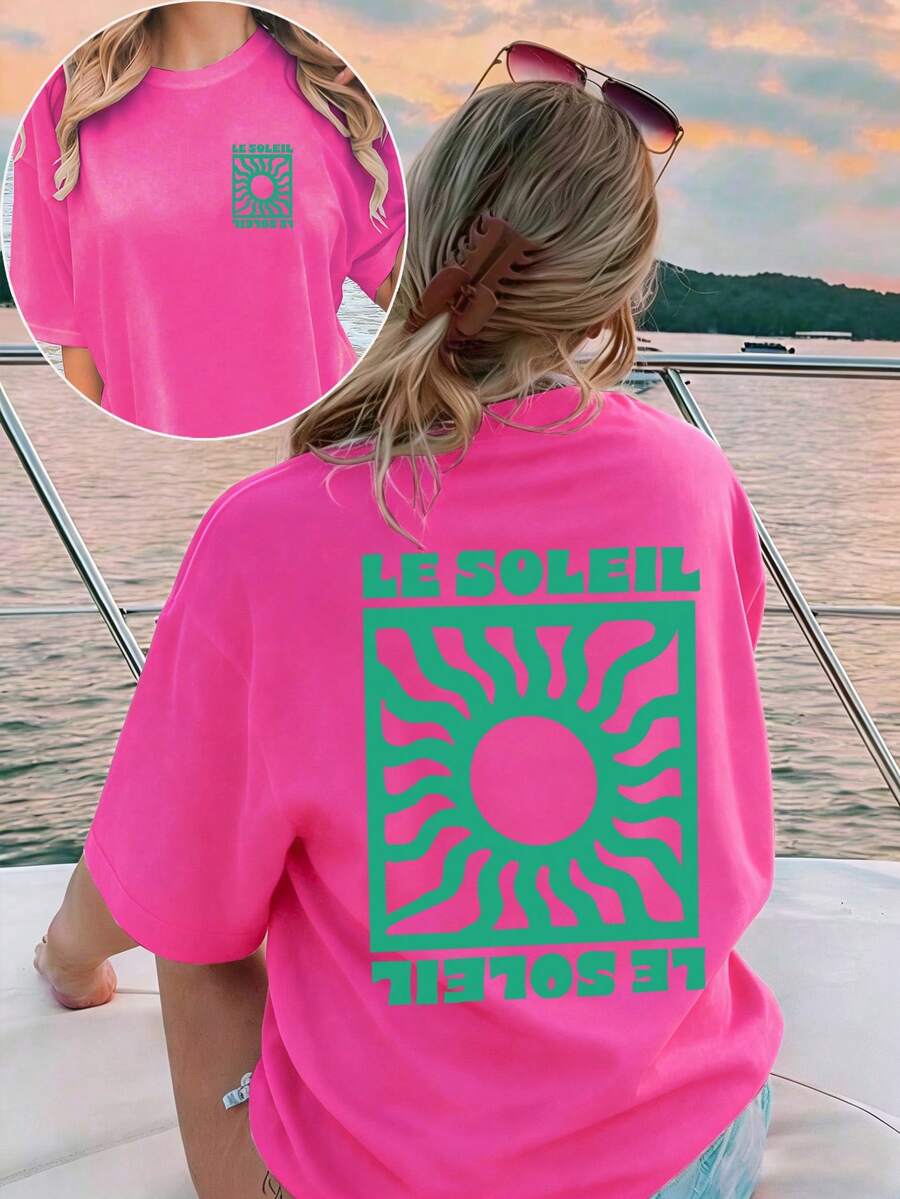 SHEIN LUNE Plus Size Graphic Print Casual Loose Fit Round Neck Short Sleeve T-Shirt - Hot Pink - View 1
