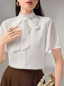 Heiryn Blouse élégante à manches volantées avec col noué, couleur unie, pour le bureau et les déplacements, été - Blanc - Voir 9