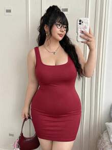 CovetEZ 大码女式纯色修身无袖迷你连衣裙 - 紅色 - 查看 5