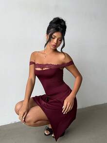 Aloruh Women's Elegant Off Shoulder Lace Patchwork Burgundy Mini Dress,Summer 70's Club Night Party Disco Asymmetrical Hem Night Out Honeymoon Outfit - Burgundy - View 12