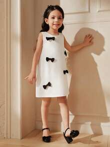 SHEIN Cute Young Girls White Sleeveless Polyester Dress With Black Bows Round Neck Short Length - Black and White - View 4