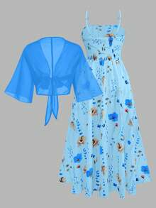 Franclia Bộ váy voan họa tiết hoa nhí dành cho nữ cỡ lớn, kèm áo khoác cardigan thanh lịch, thích hợp cho mùa hè. - Màu xanh lam - Xem 2