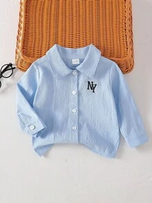 SHEIN Infant Boys' Classic Letter Embroidered Long Sleeve Shirt, Comfortable For Spring/Autumn, Suitable For Party, Daily Wear, School And Travel - Blue - View 3