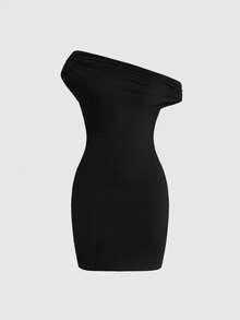 ROMWE Đầm ngắn nữ màu trơn cổ xếp ly đa năng thời trang, 3 trong 1, thích hợp cho mùa xuân/hè. - màu đen - Xem 5