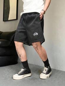 Manfinity Hypemode 黑色水洗直筒牛仔短裤，夏季休闲街头风阔腿短裤 - 黑色 - 查看 1