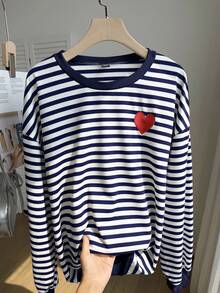 SHEIN EZwear 大码休闲藏蓝色条纹爱心刺绣卫衣，秋季款 - 藏蓝色 - 查看 3