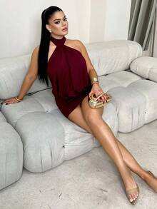 Dayanna Comas Solid Color Halter Backless Ruffle Bodycon Mini Dress Short Red Dress Dark Red Dress Red Wine Dress Burgundy Dress Party - Burgundy - View 4