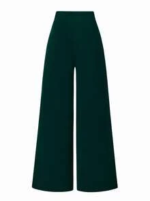 SHEIN Unity 女士纯色金属扣腰阔腿优雅长裤 - Blue Power - 查看 2