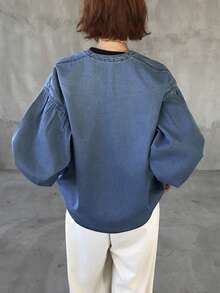 FRIFUL Women's Casual Everyday Front Tie Dropped Shoulder Loose Denim Blouse - Blue - View 5