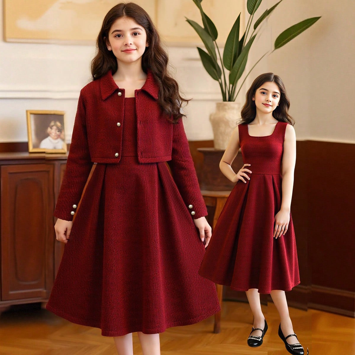 Conjunto de chaqueta corta y vestido casual elegante de estilo francés para niñas preadolescentes, para primavera/otoño