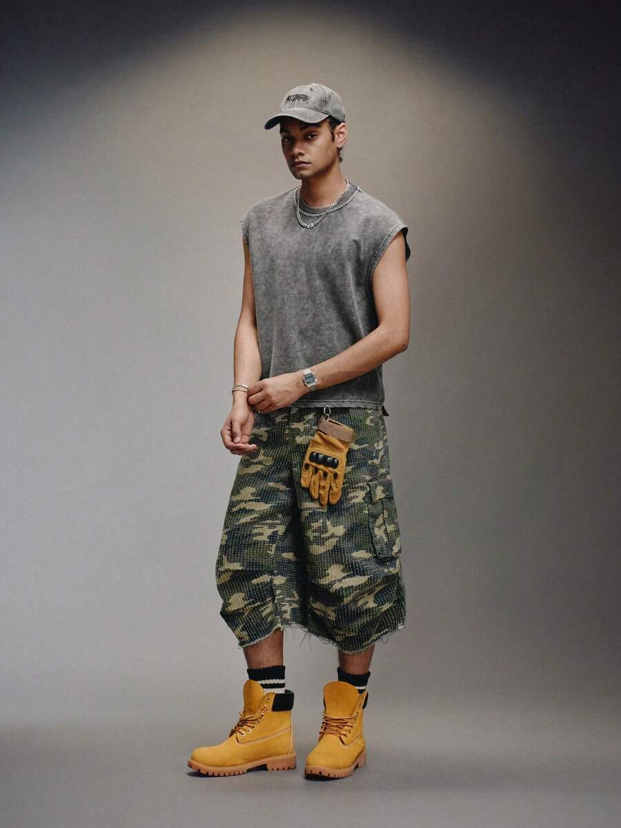 PAVTROS 男士休闲水洗背心,情人节,春夏,Y2K,狂欢节,复古,街头风,派对,圣帕特里克节,外出,男士雪花图案水洗圆领荷叶袖背心 - 黑色 - 查看 1