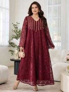 Al Najma Kaftan holgado de manga larga con cuello en V de encaje, ajuste regular, para primavera/otoño, talla grande - Burdeos - Ver 4