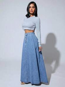 Slaydiva Plus Size Women Button Fly Casual Commuting Extra Long Denim Skirt - Light Wash - View 4