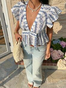 Serisse Women's Frenchy Fashion Casual Summer Blue And White  Floral Print  Cottagecore Floral Plunge Deep V-Neck Flutter Sleeve Babydoll Top Bow Front Flutter Sleeve Peplum Top,Summer Blue Holiday Resort,Boho Blouse Summer ,Vacation,Summer Tops, Suitable For Commuting, Dates, And Casual Everyday Wear,Summer Tops Women,Casual Blouses For Women ,Summer ,Beach , Wedding,Birthday,Going Out, Elegant , Casual - Blue and White - View 6