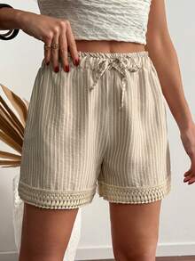 Cloudara Striped Linen Fabric And Lace Detailed Regular Fit Shorts - Beige - View 1