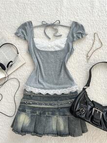 Elamini Camiseta ajustada de moda con lazo y encaje de contraste para mujer - Gris - Ver 1