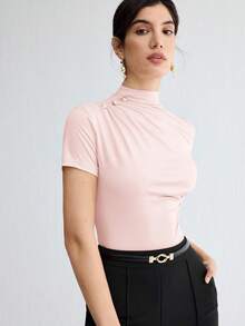 BizChic Spring/Summer New Shallow V-Neck Shoulder Ruched Metal Button Decor Fitted Waist Women's T-Shirt, Suitable For Office, Formal, Elegant Urban Commute, Daily Casual, Romantic 90s Retro, Party, Wedding Guest, Bridesmaid, Hostess, Outing, Social, Date, Party, Concert, Graduation, Breakfast, Airport - Pink - View 4