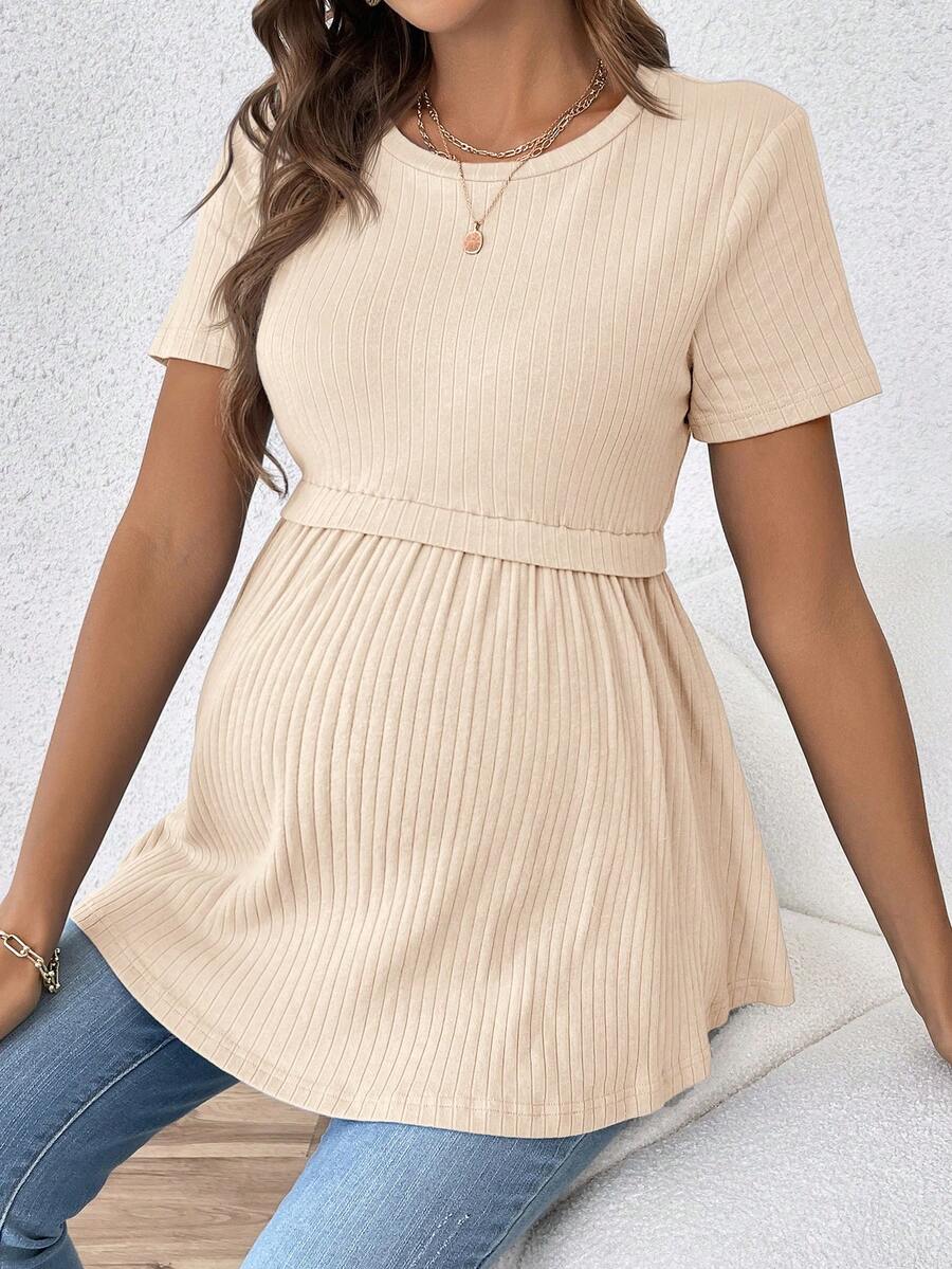 Elegant Romantic Gender Reveal Party Round Neck Short Sleeve Fitted Maternity T-Shirt - Apricot - View 1