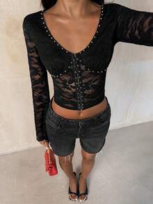 TRNVIE Women's Elegant Rivet Lace Hook Decor Fitted T-Shirt Black Black See Through Top Black Sexy Tops Black Mesh Top Black Lace Long Sleeve Top - Black - View 4