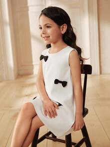 SHEIN Cute Young Girls White Sleeveless Polyester Dress With Black Bows Round Neck Short Length - Black and White - View 3
