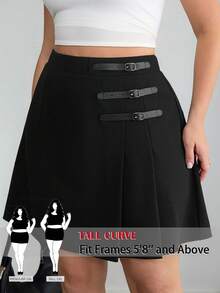 SHEIN Tall CURVE 大码夏季休闲日常穿搭纽扣装饰A字裙，黑色半身裙，女士半身裙，春季女装，情人节女装，毕业典礼，优雅 - 黑色 - 查看 3