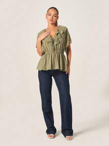 MISSGUIDED Women Elastic Waist Ruffle Neck Chiffon Blouse Short Sleeve Flowy Top Spring Summer Casual Office Work Feminine Style - Olive Green - View 3