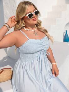 Vivid Eden Vestido de tirantes de mujer de tela texturizada con volantes, cintura recogida y corte evasé, para vacaciones de verano, talla grande - Azul - Ver 6