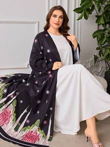 Al Najma Abaya elegante con estampado floral para mujer de talla grande - Multicolor - Ver 3