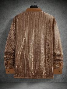 Calvornis Men's Solid Color Sequin Long Sleeve Single-Breasted Party Shirt - Champagne - View 2