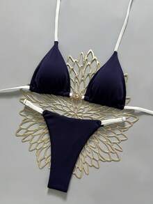 Swim Mod Bộ bikini hai mảnh dành cho nữ, chất liệu vải gân, trang trí kim loại, cổ chữ V, dây buộc cổ, hở lưng, kiểu tam giác, xếp ly, thích hợp cho mùa xuân/hè. - Màu xanh hải quân - Xem 2