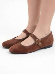 Mary Jane Chaff Ballerina Coffee With Decorative Buckle - Brown - View 6