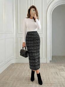 Medorina Women's Contrast Color Elegant Casual Minimalist Daily Wear Skirt Pencil Black And White Checkered Plaid Office Panlakad Business Autumn Teachers' Day - Black - View 5