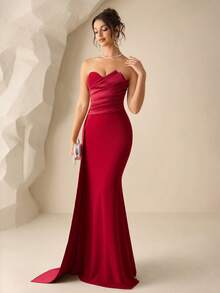 Coutiva 优雅派对美人鱼无肩带伴娘礼服 - 紅色 - 查看 4